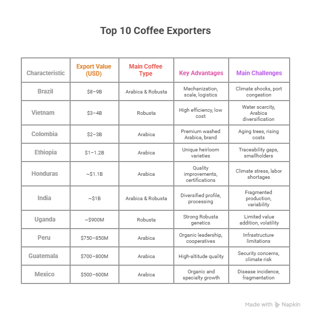 coffee exporters, top coffee exporters, top 10 coffee exporters