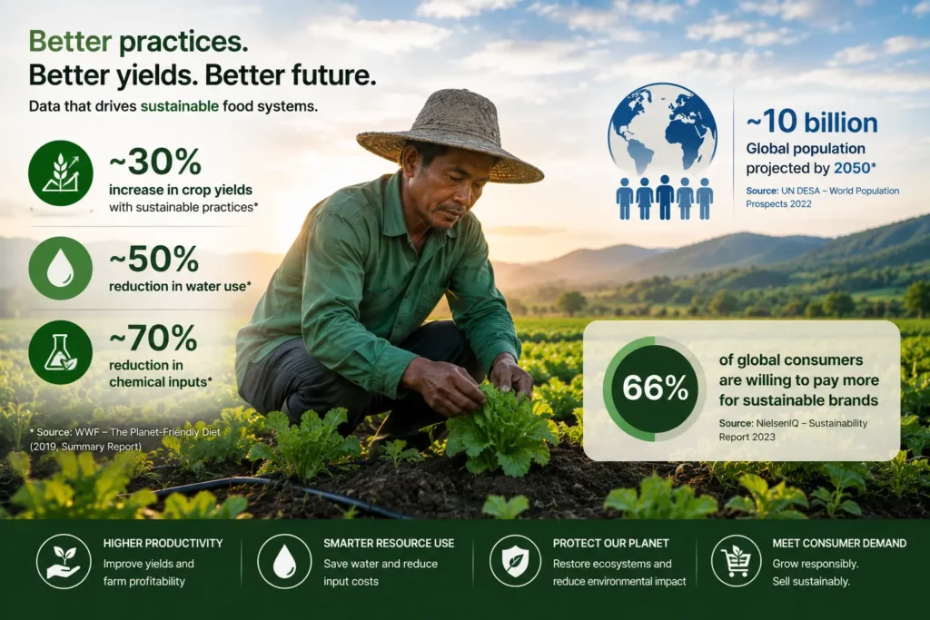 Sustainable agriculture statistics: 30 percent increase in crop yields, 50 percent reduction in water use, 70 percent reduction in chemical inputs, global population projected at 10 billion by 2050, and 66 percent of consumers willing to pay more for sustainable brands.