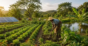 Farmer tending crop rows with drip irrigation, solar panels, grazing livestock and agroforestry trees beside a natural water source.