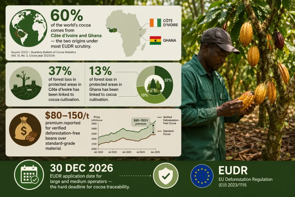Cocoa traceability by the numbers: Cote d'Ivoire and Ghana cocoa share, protected-area forest loss, and the deforestation-free price premium