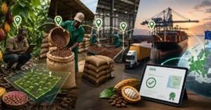 Cocoa traceability journey from geolocated farm plot through harvest, processing and export to the EU, with a DDS record