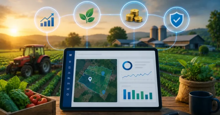 The four goals of farm management — productivity, sustainability, profitability and traceability — linked to a farm management dashboard tablet