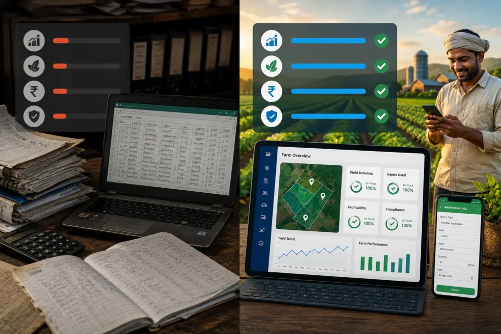 Split image comparing paper farm records and spreadsheets on the left with a live digital farm management dashboard showing 100 percent on-track goals on the right