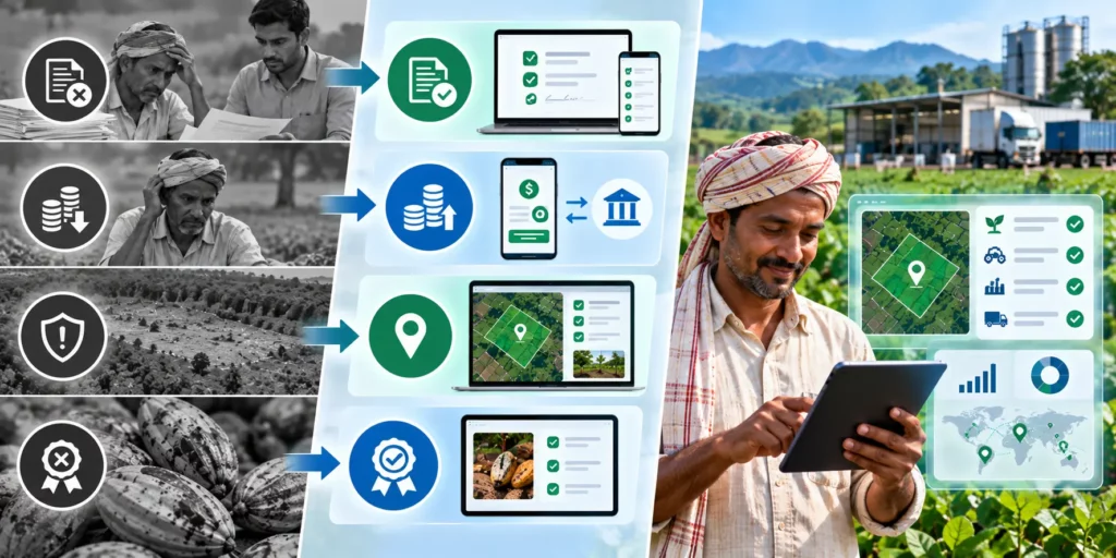 Grayscale images of contract, payment, compliance and quality problems transforming into color digital solutions — digital agreements, automated payments, geo-tagged records and batch traceability
