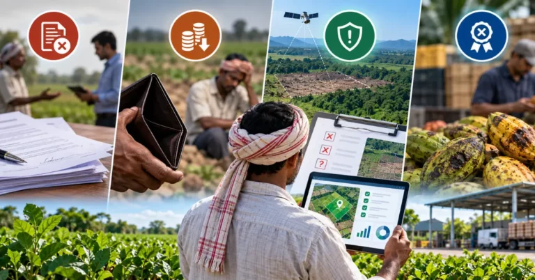 Farmer using a tablet with icons for opaque contracts, payment delays, deforestation risk and quality rejection, showing a red-flagged paper checklist versus a green-checked digital dashboard