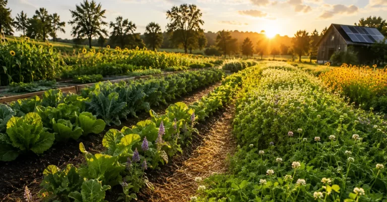 Diverse organic crop rows with companion sunflowers, mulched pathways and a solar-powered barn at sunset.