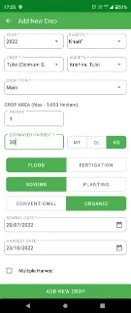 TraceX mobile app Add New Crop screen showing an organic crop record with sowing date, harvest date and crop area.