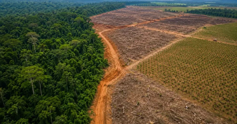 Forest cleared for agriculture and land use, illustrating the main causes of deforestation