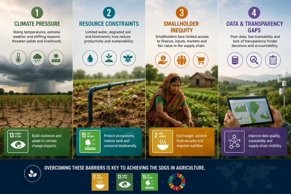 Four barriers to SDGs in agriculture — climate pressure, resource constraints, smallholder inequity, and data and transparency gaps — each linked to a relevant SDG badge