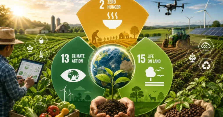 SDG 2 Zero Hunger, SDG 13 Climate Action and SDG 15 Life on Land badges over a farm scene with a farmer using a precision agriculture tablet, a drone, wind turbines and solar panels