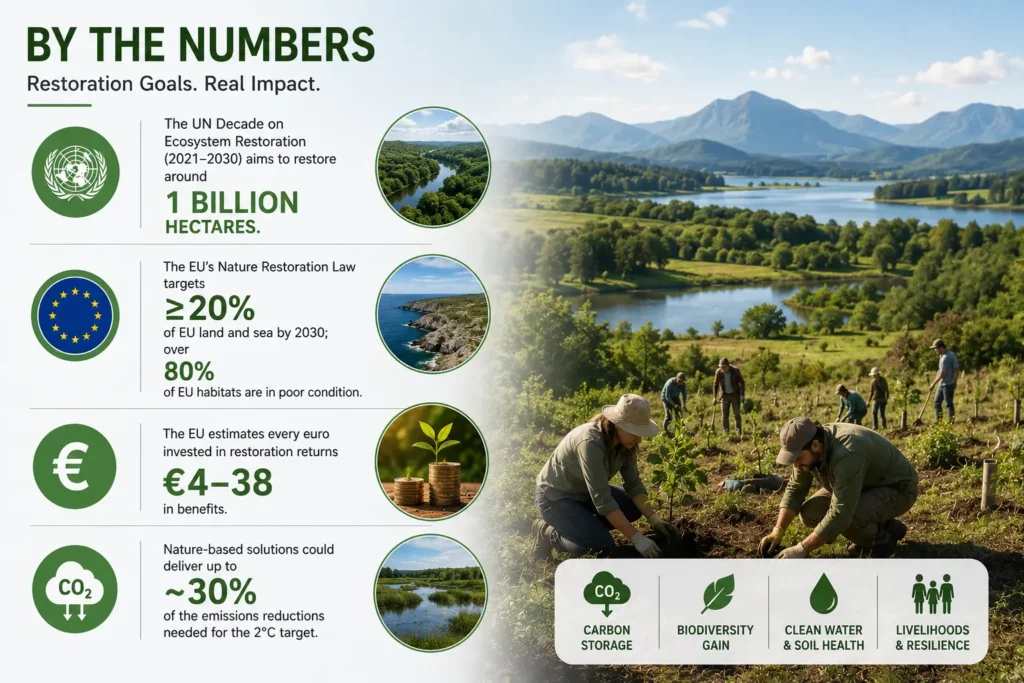 Restoration goals and impact by the numbers: 1 billion hectares, 20 percent EU targets, euro 4 to 38 return, and 30 percent emissions reduction potential