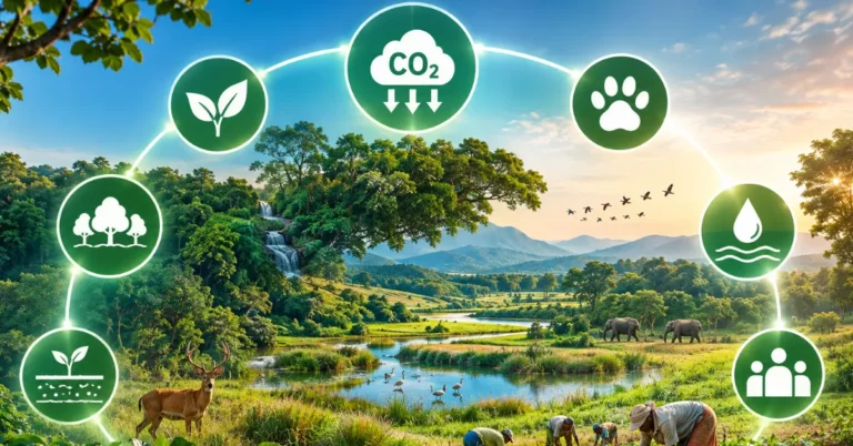 The six benefits of ecosystem restoration — carbon, biodiversity, water, soil, trees and livelihoods — around a thriving restored landscape