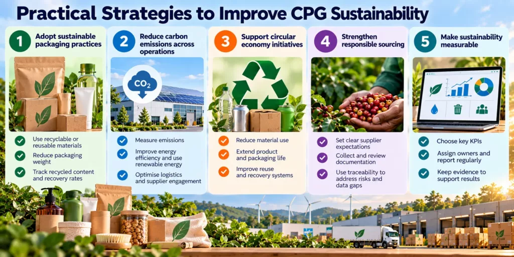 Five practical strategies to improve CPG sustainability: adopt sustainable packaging practices, reduce carbon emissions across operations, support circular economy initiatives, strengthen responsible sourcing and make sustainability measurable, each with three actions
