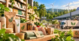 Kraft-packaged and refillable-style consumer products with leaf marks, a net bag of produce and egg cartons on a bench, store shelves, a logistics truck and warehouse with solar panels, wind turbines and recycling-marked cartons