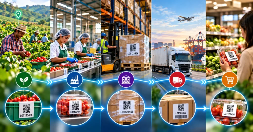 The same lot code LOT123456 persisting across five stages: harvest, processing, warehousing, transport and retail
