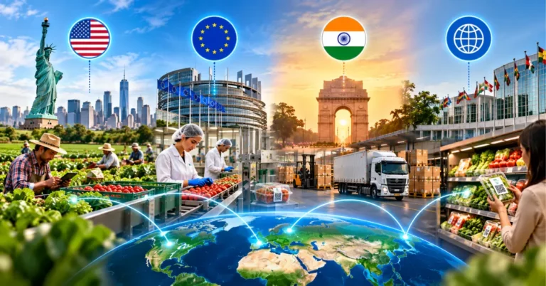 US, EU, India and Codex flags over farm, processing, transport and retail scenes connected by a traceability network across a globe