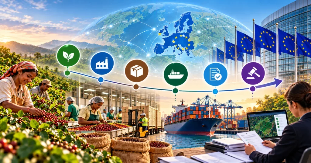 Six-stage chain from farm through factory, packaging and shipping to a verified document and legal gavel, with a compliance officer reviewing a plot-mapping laptop