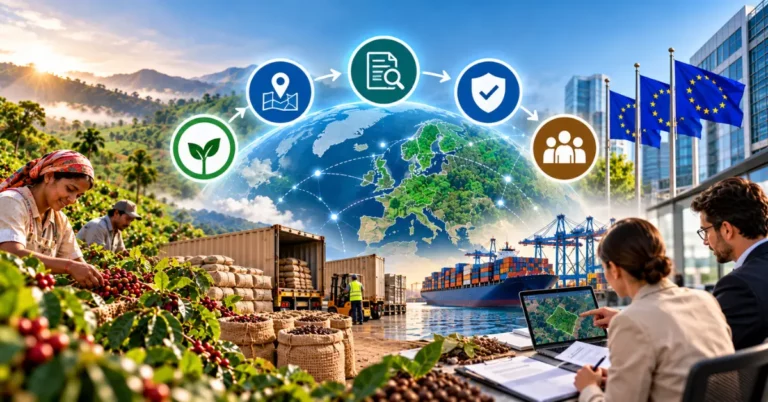 Five icons for embed, identify, assess, prevent-mitigate and communicate above a coffee farm-to-EU-shipping chain, with officers reviewing a plot-mapping dashboard