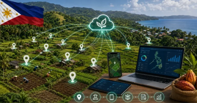 Philippine terraced rice fields with scattered smallholder plots geo-pinned and connected to a central cloud, alongside a compliance dashboard showing the Philippines map