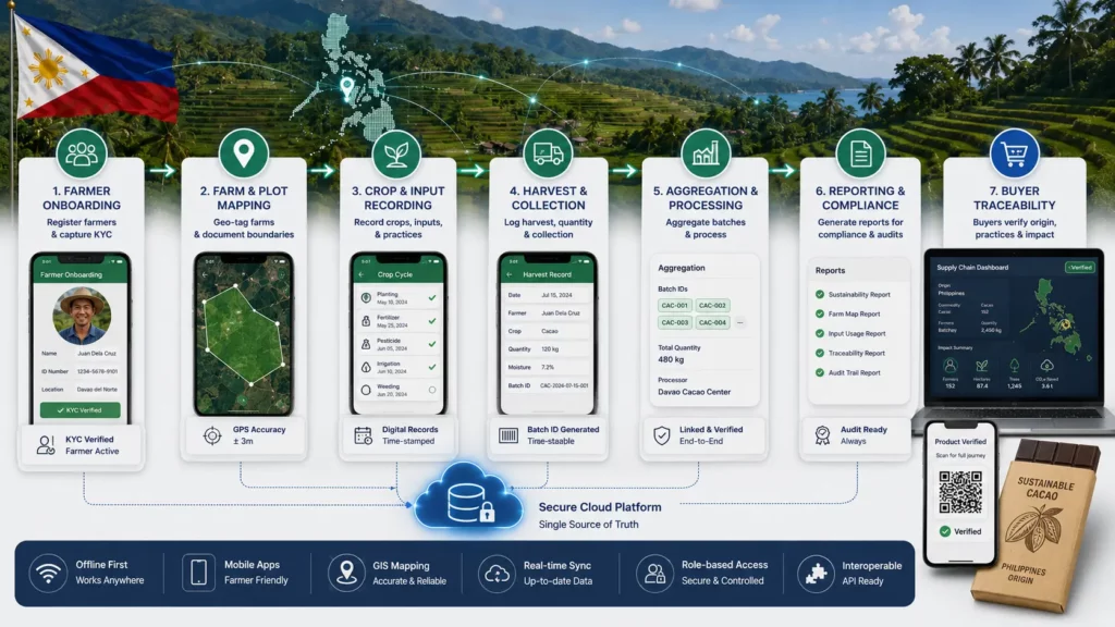 Seven-step farm digitization workflow in the Philippines from farmer onboarding through plot mapping, crop and input recording, harvest and collection, aggregation, reporting and compliance, to buyer traceability with a QR-verified cacao product