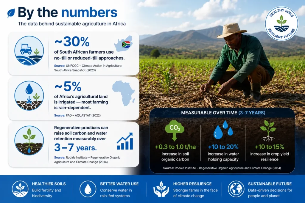 Data behind sustainable agriculture in Africa: 30 percent of South African farmers use no-till, 5 percent of Africa's land is irrigated, and regenerative practices show measurable gains over 3 to 7 years.
