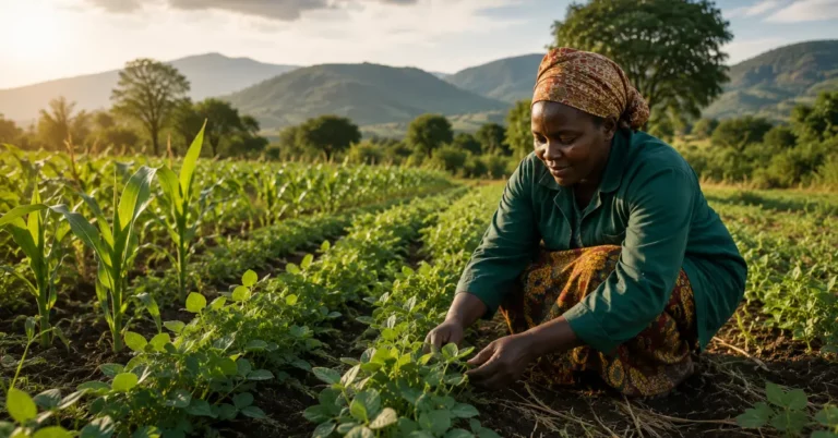 African smallholder farmer tending intercropped maize and legume rows at sunset with hills in the background.