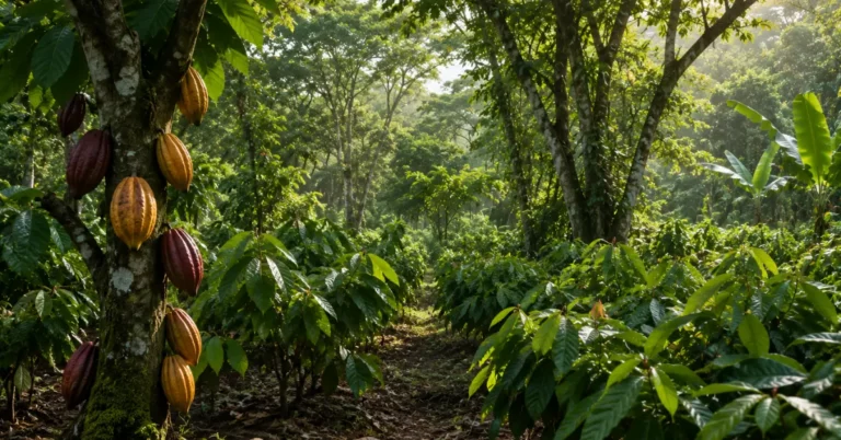 Cocoa pods growing on trees under a shaded forest canopy in Ghana