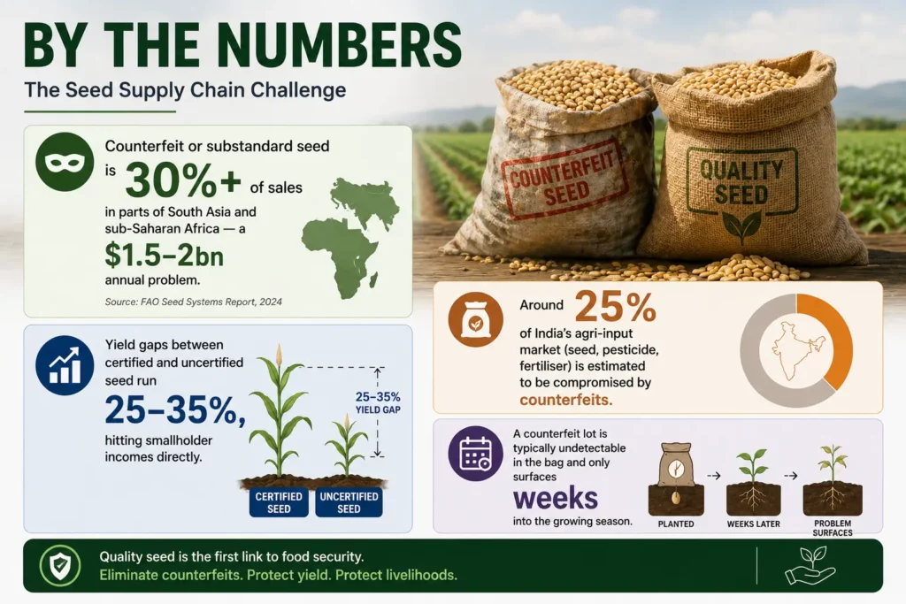 Seed supply chain challenges by the numbers: 30 percent counterfeit seed sales, 25 to 35 percent yield gap, and weeks-later failure detection