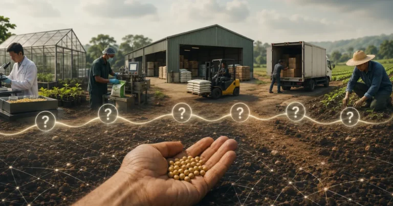Seed supply chain from breeder lab to farmer's hand marked with question marks showing where lot identity is lost