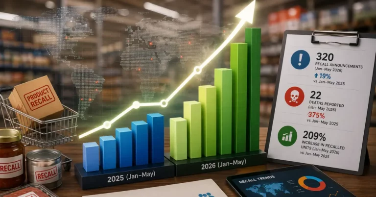 Product recall statistics dashboard showing rising recall announcements, deaths and recalled units from 2025 to 2026 alongside a hazard-detection-to-consumer-protection workflow