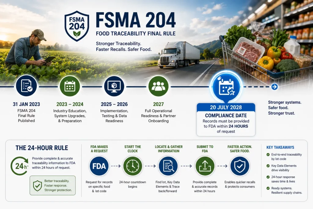 FSMA 204 Food Traceability Final Rule timeline from the 31 January 2023 rule publication through 2028 compliance date, with the 24-hour records rule workflow