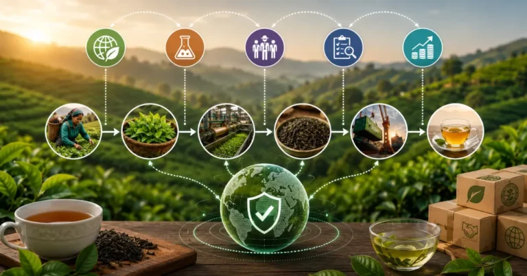 Five tea sustainability challenge icons — climate, pesticides, labour, traceability, certification cost — above a garden-to-cup chain protected by a shield globe
