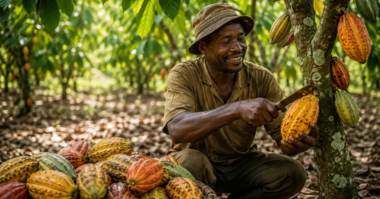 Smallholder cocoa farmer harvesting ripe cocoa pods by hand in Ghana