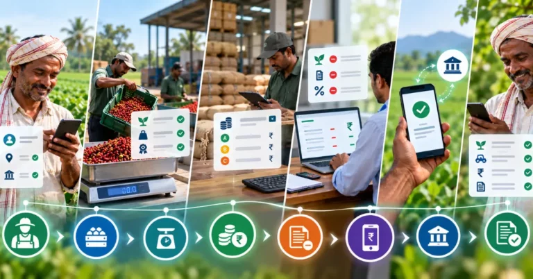 Nine-step digital farmer payment workflow from registration through procurement, weighing, pricing, deductions, payment and bank settlement to a final verified record