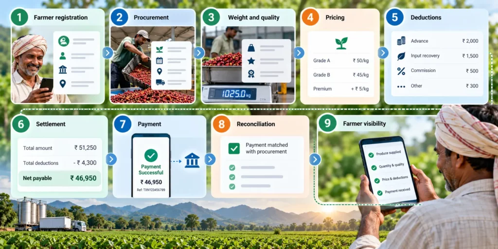 Worked example of the nine-step digital farmer payment process showing 1025 kg weighed, pricing by grade, itemized deductions totaling 4300 rupees, and a net payment of 46950 rupees successfully completed