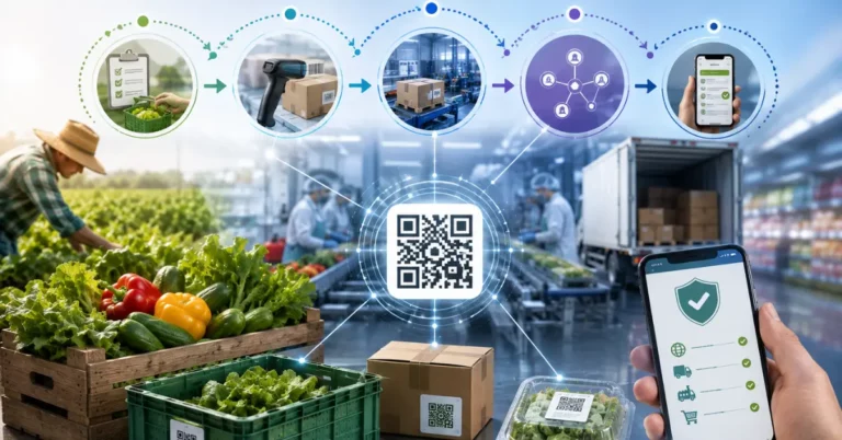Batch traceability chain from farm harvest through barcode scanning, processing, network linkage, to a QR code scanned at retail