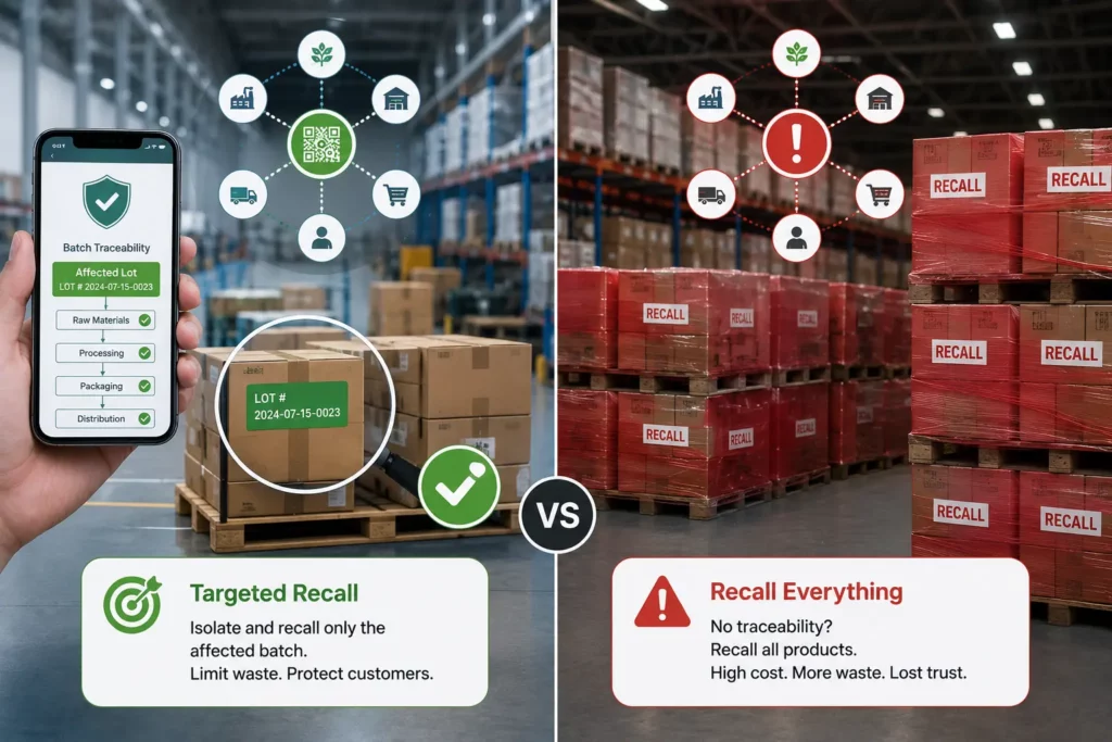 Targeted recall of a single affected batch lot compared to recalling an entire warehouse of product without traceability