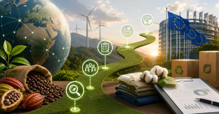 A winding green path from coffee, cocoa and cotton commodities to the EU Parliament, marked by icons for traceability, supplier data, legality and sustainability