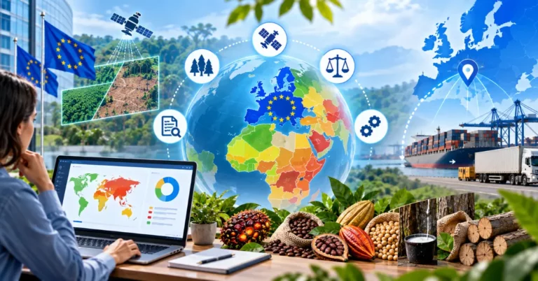 Green, yellow and red country risk tier world map with satellite deforestation imagery, all seven EUDR commodities and a risk-scoring dashboard