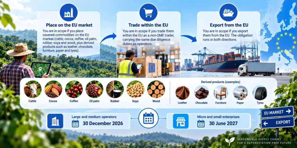 Three scope categories for EUDR risk assessment — place on the EU market, trade within the EU, export from the EU — with all seven commodities, five derived products and both 2026/2027 deadlines