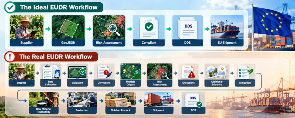 Two rows: the ideal EUDR workflow of supplier, GeoJSON, risk assessment, compliant, DDS and EU shipment, and the real EUDR workflow with data collection, validation, corrections, multiple origins, risk assessment, exceptions, additional evidence, mitigation, raw material traceability, production, finished product, shipment and DDS
