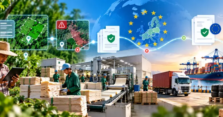 A rubber tapper with a tablet and supplier card, polygon and red-flagged alert plots, shield and document icons flowing toward an EU map, a rubber sheet processing line, port shipping and a QR-tagged finished tyre