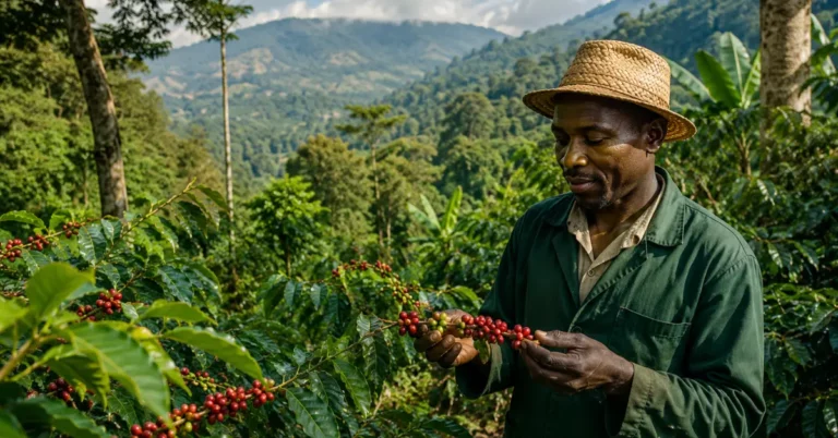 Ugandan coffee farmer inspecting cherries against forested mountain slopes