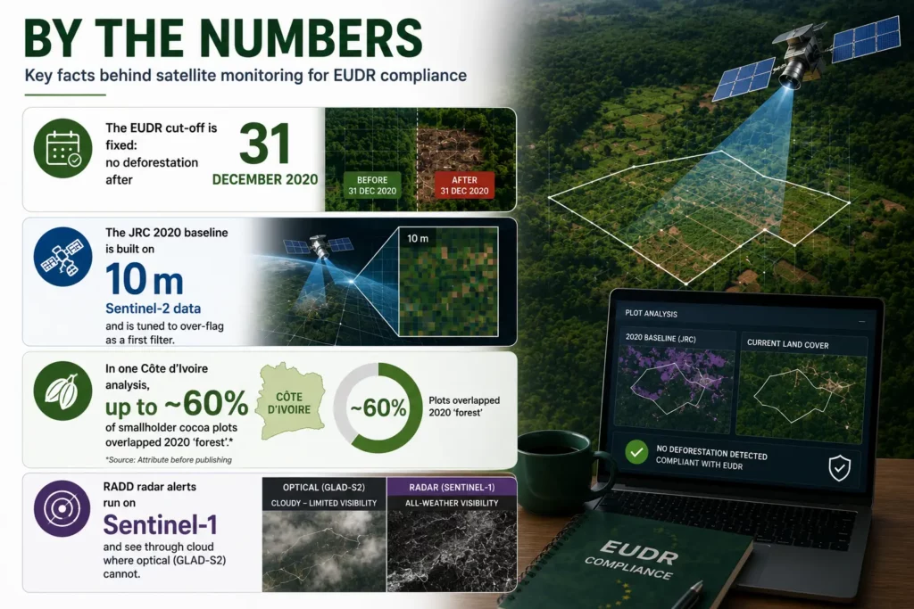 Key facts behind satellite monitoring for EUDR: the fixed 31 December 2020 cutoff, 10 metre Sentinel-2 JRC baseline, about 60 percent of Cote d'Ivoire cocoa plots overlapping 2020 forest, and RADD radar seeing through cloud