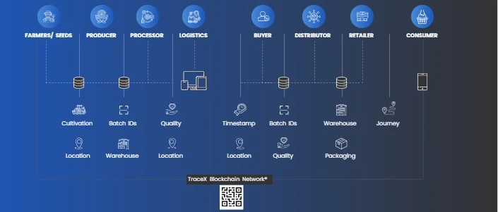 TraceX Blockchain Network diagram mapping farmers, producer, processor, logistics, buyer, distributor, retailer and consumer with the data captured at each stage