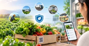 Farm-to-consumer food chain with a shopper scanning a QR code on a produce crate to see traceability data