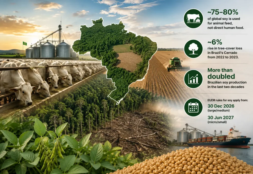 Brazil Cerrado soy statistics: 75-80 percent used for animal feed, 6 percent rise in tree-cover loss, and EUDR application dates