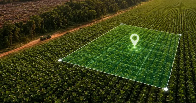 Geolocated soy plot boundary overlaid on a field beside cleared forest land, illustrating EUDR soy compliance