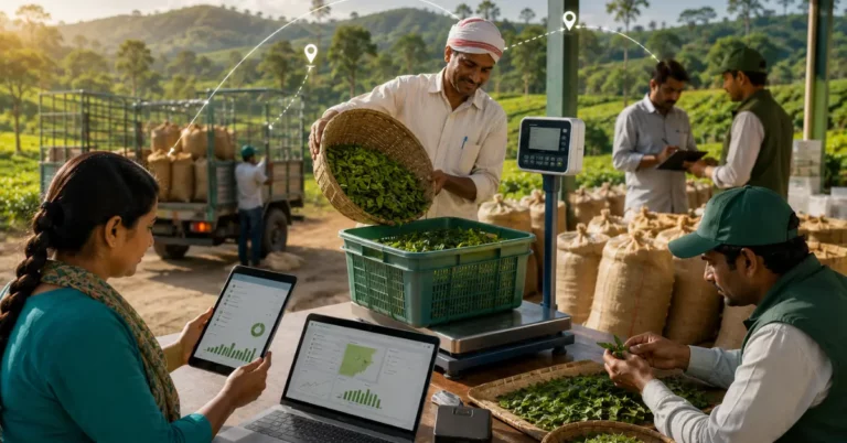 Farmer weighing tea leaves at a collection point while a field agent captures grade and weight data on a tablet and laptop