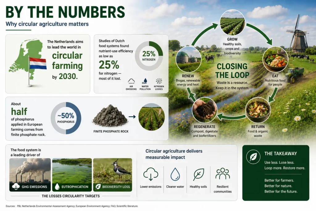 Why circular agriculture matters by the numbers: Netherlands 2030 target, 25 percent nitrogen use efficiency, and 50 percent phosphorus from finite rock
